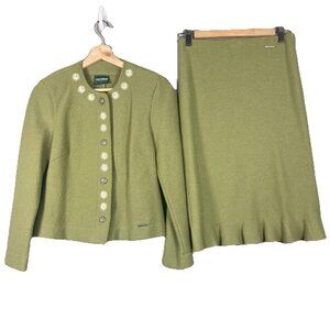 Geiger Wool 2 Piece Green Embroidered Floral Vintage Skirt Jacket Set Size 34